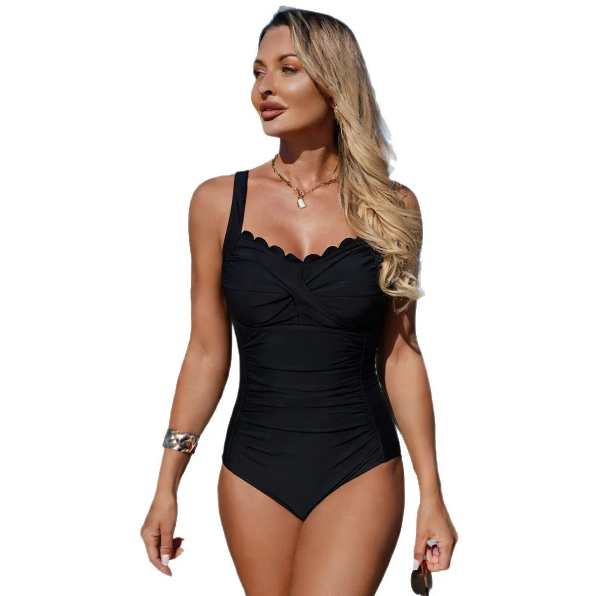Black Swimsuit Scalloped Neckline Twisted Front Olive Green One-Piece