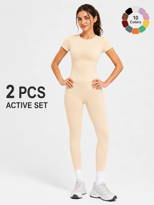Ladies Sportswear Set (Short Sleeve Top + Long Pants) Fitness Gym