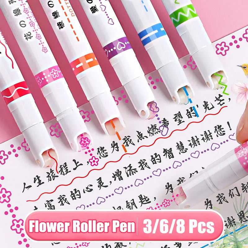3/6/8pcs Flowers Line Shaped Highlighter Pens Roller Tip Curve Liner