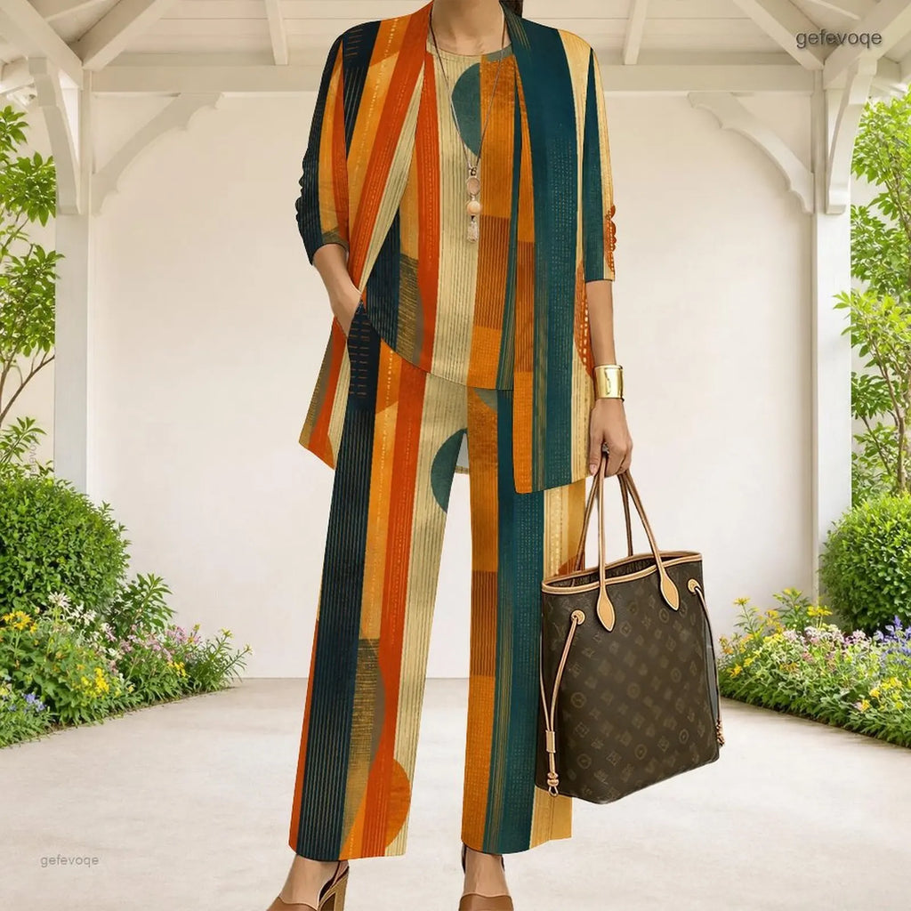 Women Abstract Printed 3 Piece Pants Set 3/4 Sleeve Open Cardigan Top