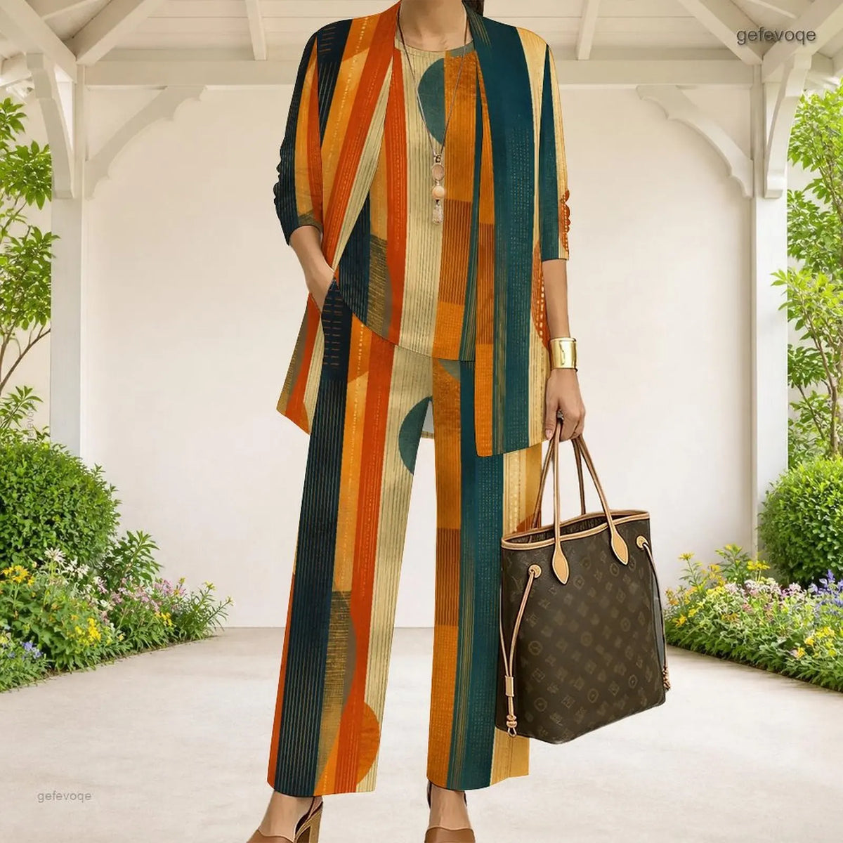 Women Abstract Printed 3 Piece Pants Set 3/4 Sleeve Open Cardigan Top