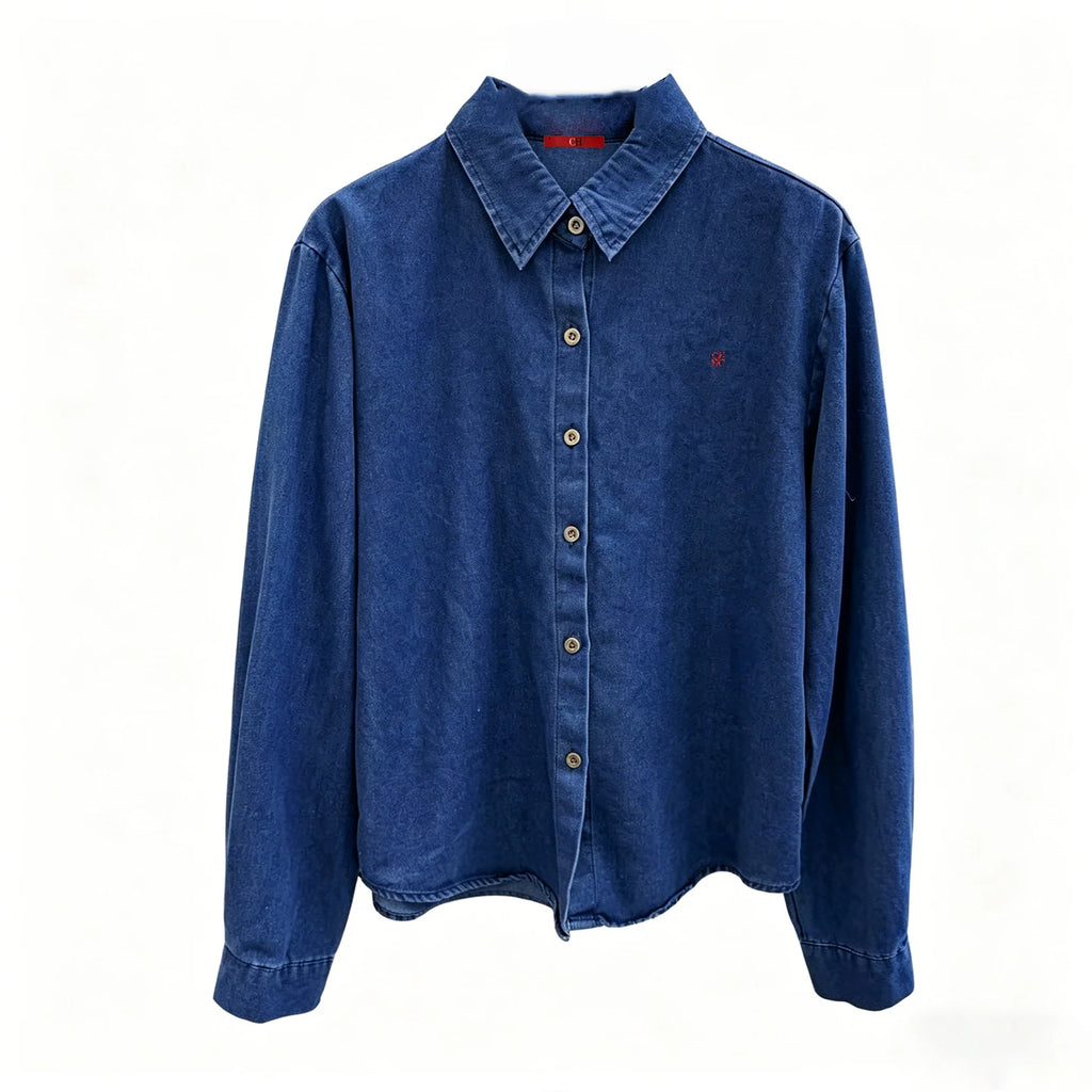 CH Embroidered Denim Long Sleeve Shirt Women Point Collar Regular Fit