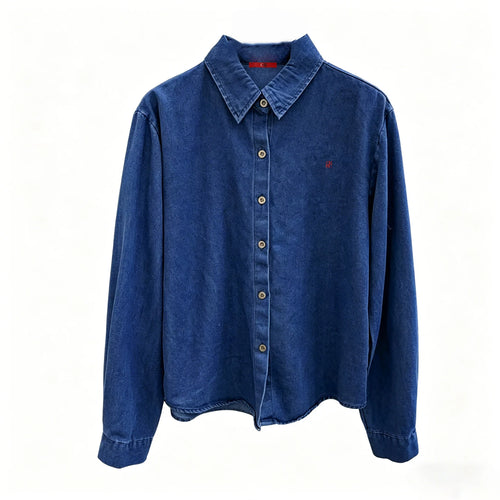 CH Embroidered Denim Long Sleeve Shirt Women Point Collar Regular Fit