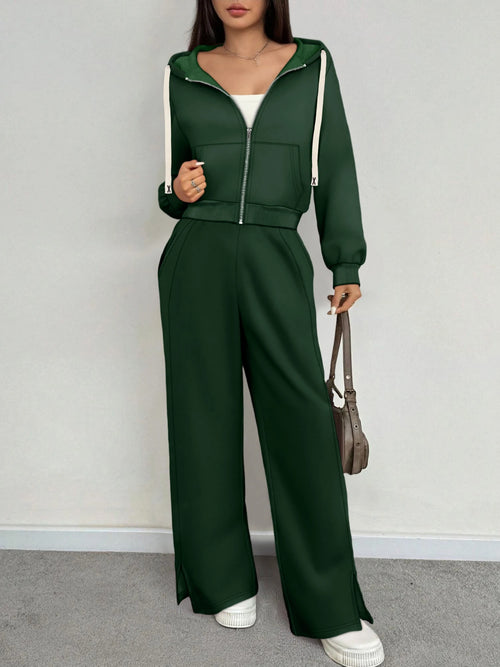 Women 2 Piece Outfit Zip Up Cropped Hoodie Split Wide Leg Pants Set