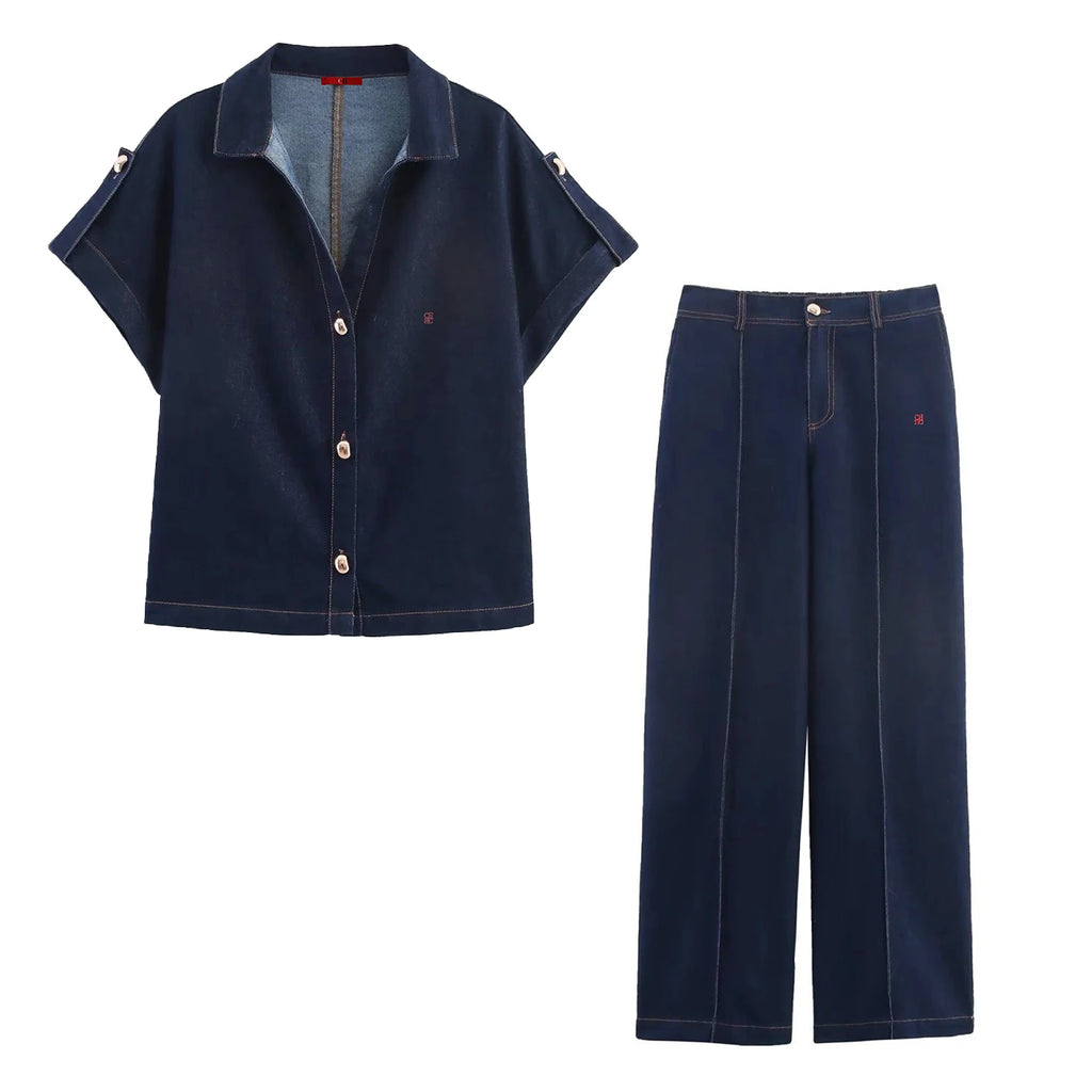 CH Dark Blue Denim Suit Loose Button-Down Denim Shirt High-Waisted