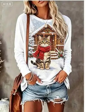 Women Long Sleeve T‑Shirt Christmas Rabbit With Scarf Winter Snow