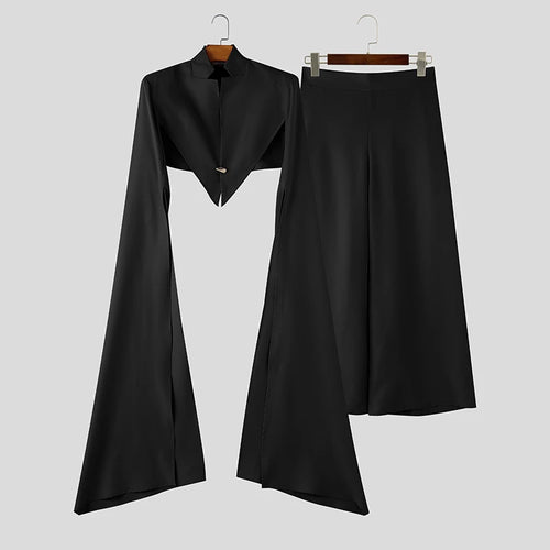 INCERUN Men's Sets Solid Color Stand Collar Long Sleeve Crop Blazer