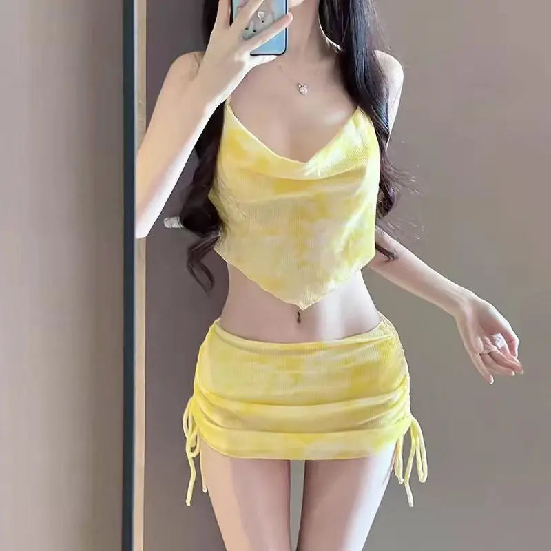 Summer Women Macaron Tie Dye Bikini Sets Backless Swimwear Drawstring