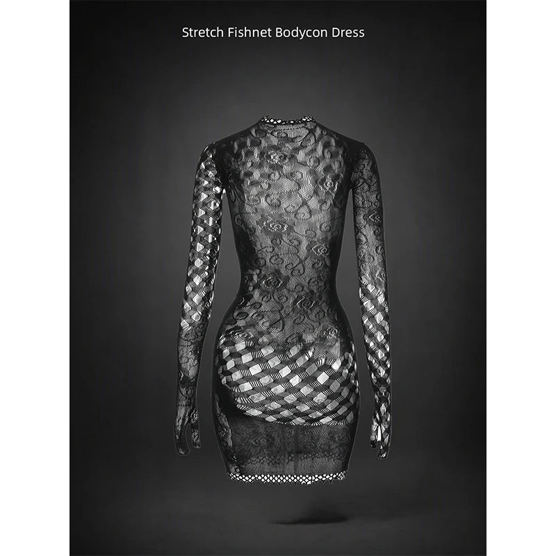 Hollow Out Fishnet Beach Cover Up Bodycon Dress, Sheer Mesh Festival