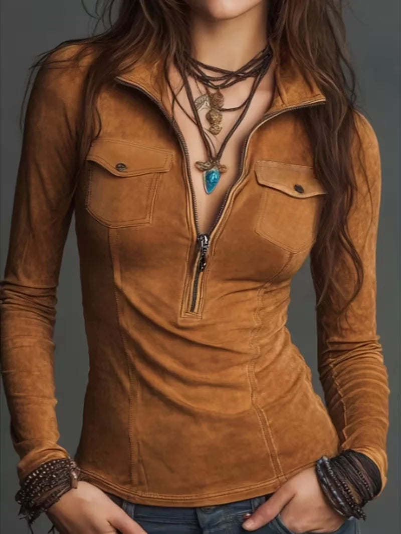 Women's Slim Fit Lapel Shirt, Multi-Color Zipper Closure, Cargo