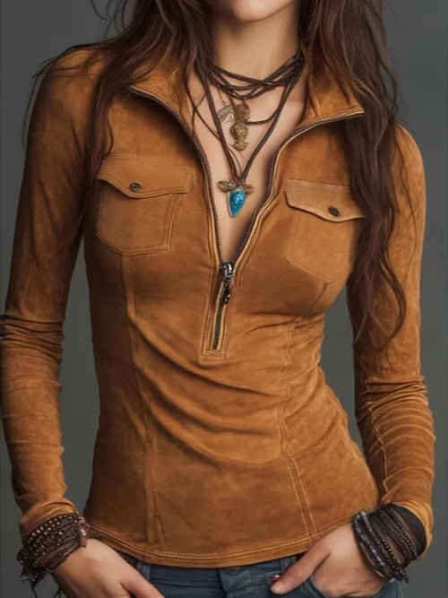 Women's Slim Fit Lapel Shirt, Multi-Color Zipper Closure, Cargo