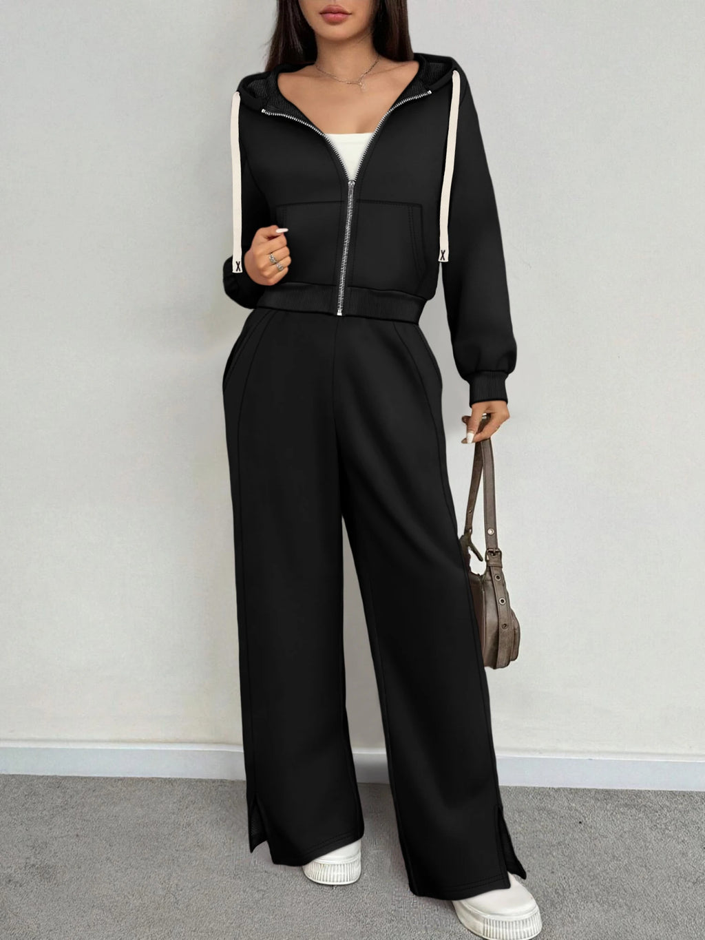 Women 2 Piece Outfit Zip Up Cropped Hoodie Split Wide Leg Pants Set
