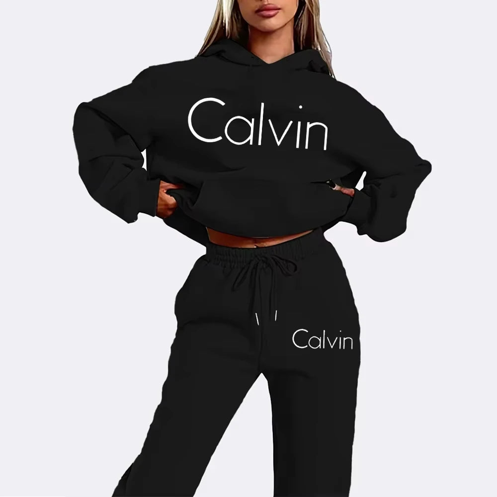 Men Women Printed Hoodie 2‑Piece Tracksuit, Casual Long‑Sleeve