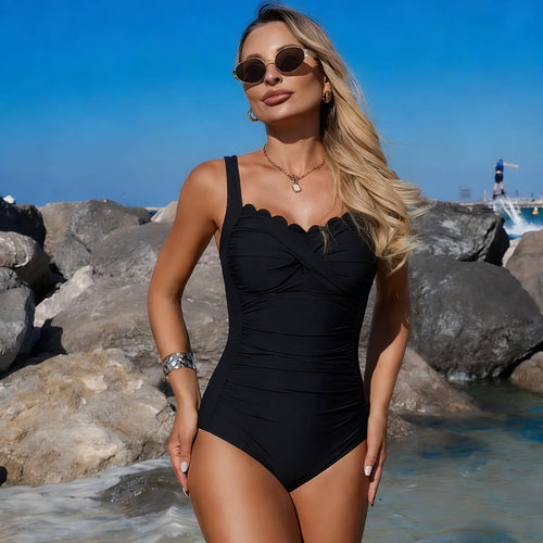 Black Swimsuit Scalloped Neckline Twisted Front Olive Green One-Piece