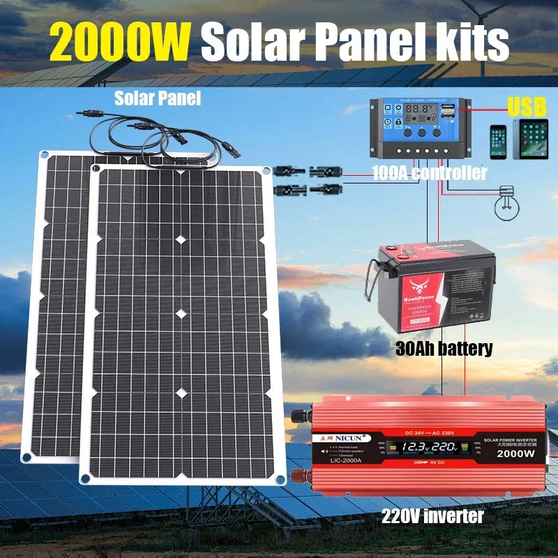 2000W Off-Grid Solar Complete Kit Power 100A Controller,110V 220V