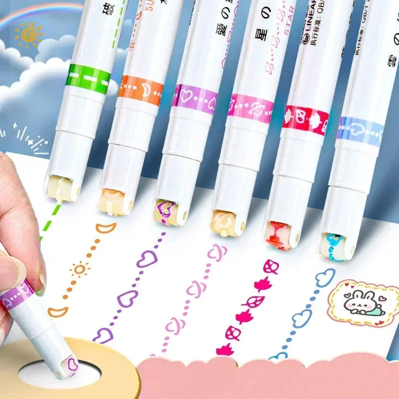 3/6/8pcs Flowers Line Shaped Highlighter Pens Roller Tip Curve Liner