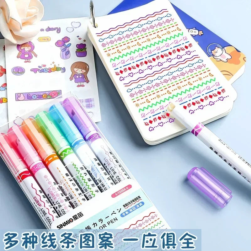 3/6/8pcs Flowers Line Shaped Highlighter Pens Roller Tip Curve Liner