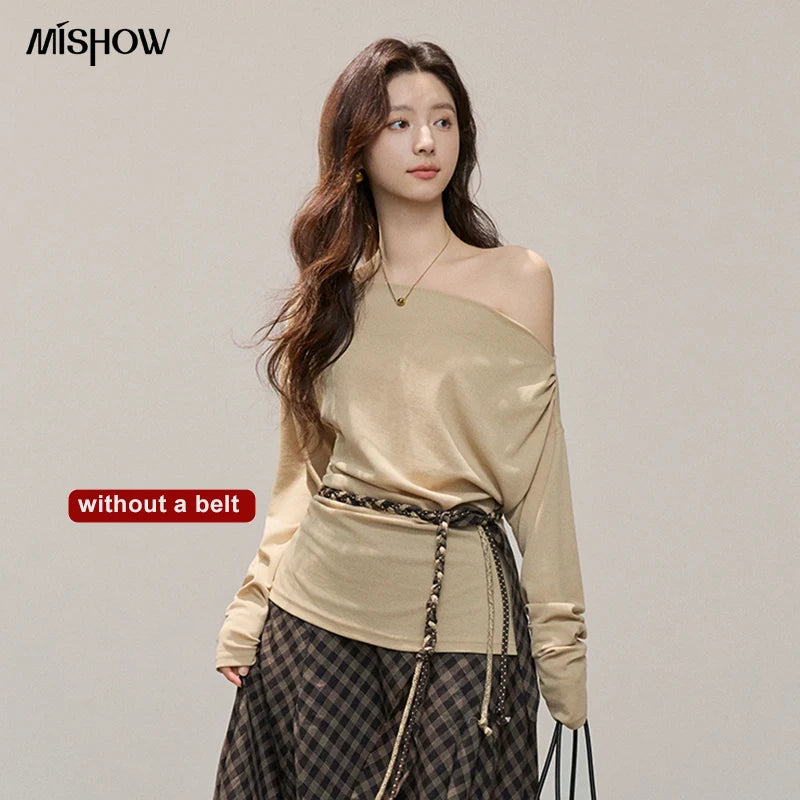 MISHOW Women Lyocell Wool Off Shoulder Knit Top 2026 Spring New Ruched
