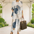 Women Abstract Printed Three Piece Pants Set 3/4 Sleeve Open Cardigan