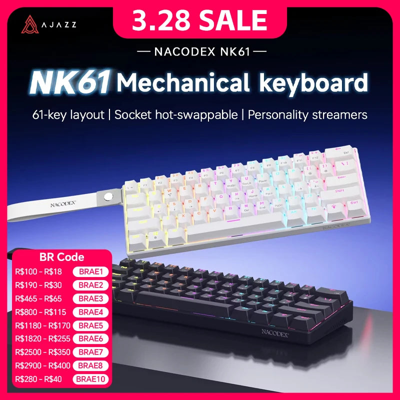 AJAZZ NK61 Wired Gaming Mechanical Keyboard 60% RGB Hot-Swappable 61