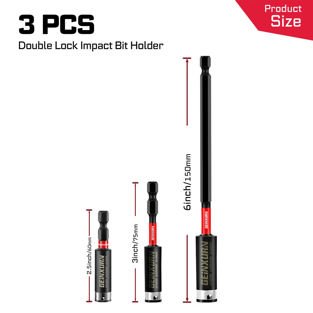 Geinxurn 3PCS Impact driver bit set(2.4"/3"/6"), 1/4" Hex S2 Alloy