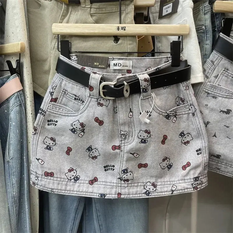 2026 Anime Hello Kitty Bow Printed Denim Skirt for Women Spring Summer