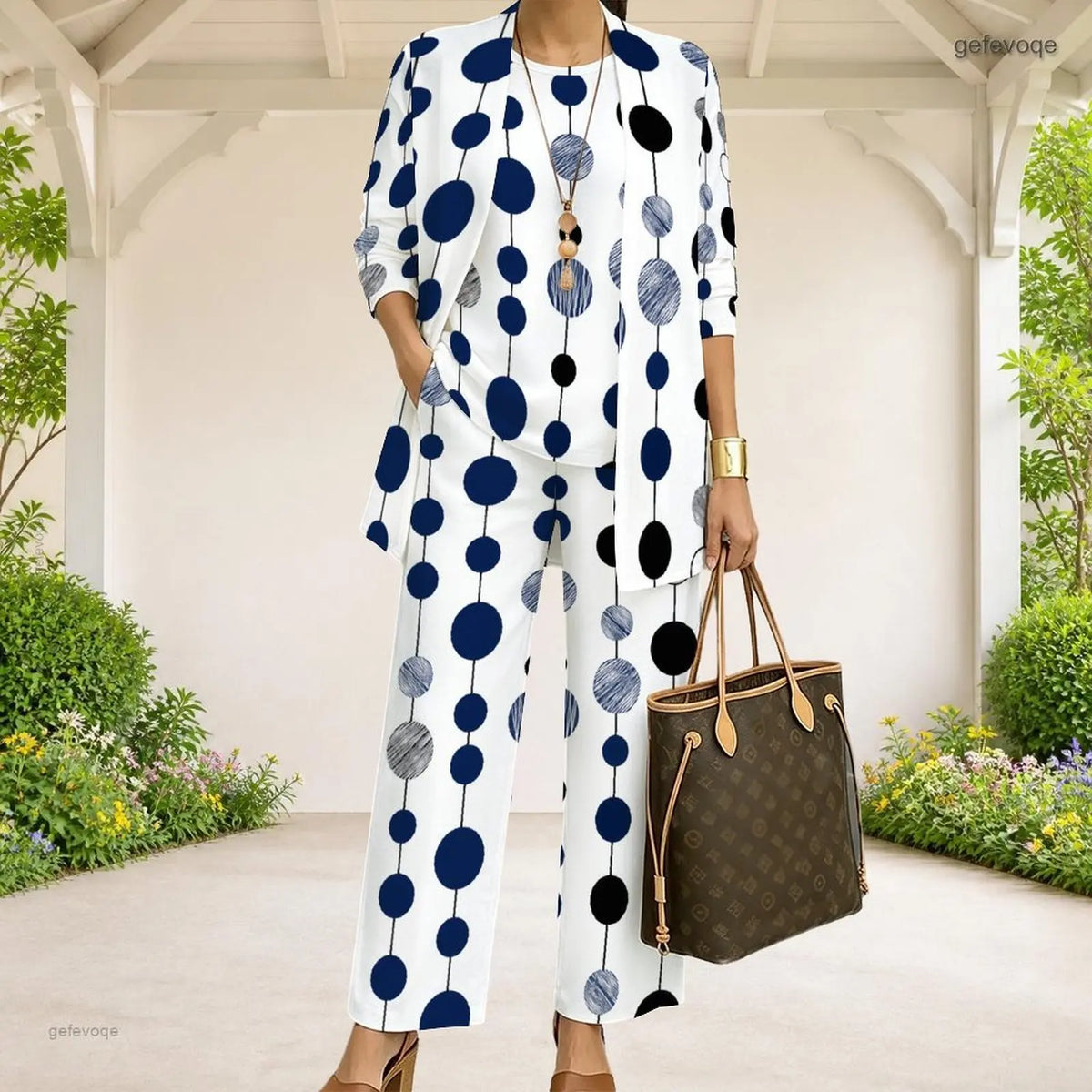 Women White Base Polka Dot Print 3 Piece Pants Set, 3/4 Sleeve
