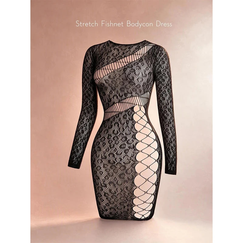 Hollow Out Fishnet Beach Cover Up Bodycon Dress, Sheer Mesh Festival