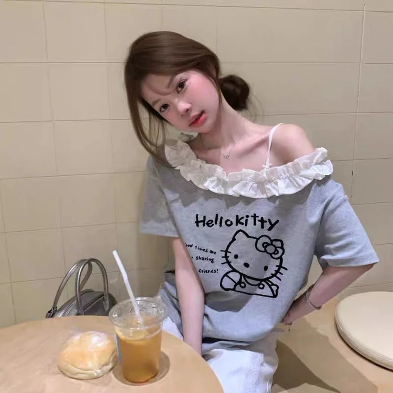 T-Shirt Ruffled Hello Kitty Off Shoulder Short Sleeved Sanrio Loose