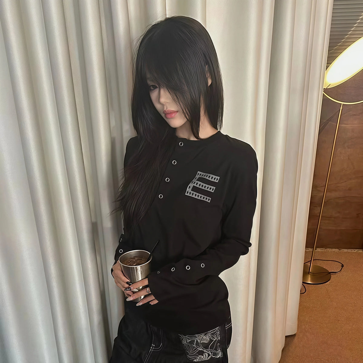 Women Henry Collar Long Sleeve Top Skull Badge Print Eyelet Decor