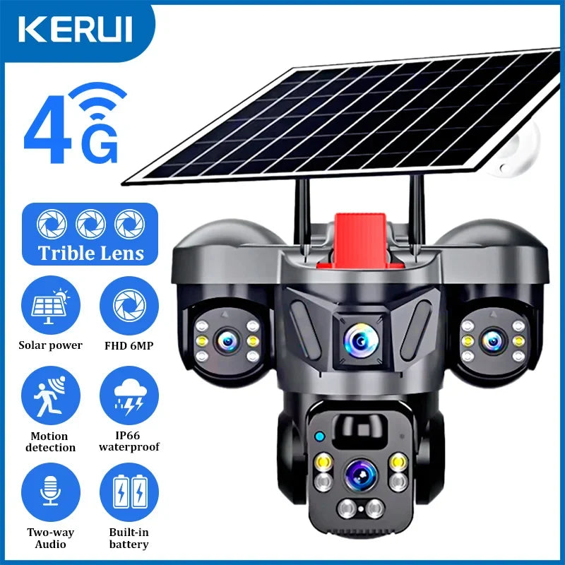 KERUI Outdoor PTZ 6MP 4G SIM WIFI Solar Panel Triple Lens Camera Home