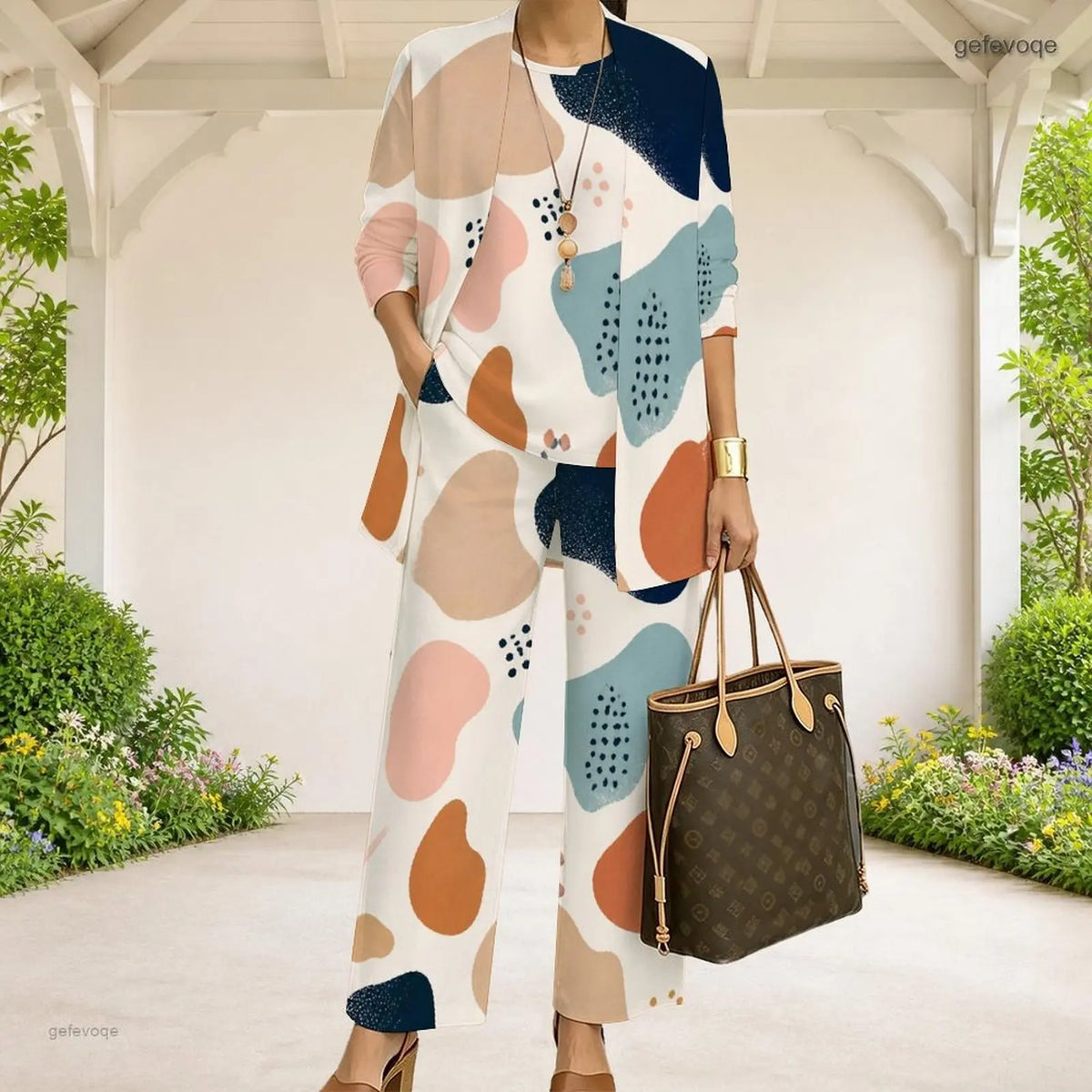 Women Abstract Printed Three Piece Pants Set 3/4 Sleeve Open Cardigan