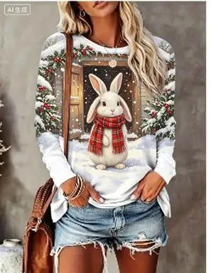 Women Long Sleeve T‑Shirt Christmas Rabbit With Scarf Winter Snow