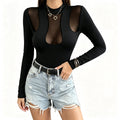 Women Mock Neck Mesh Cutout Long Sleeve Top Hollow Out Sheer Patchwork