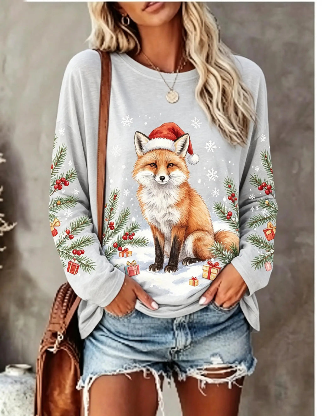 Women Long Sleeve T Shirt Christmas Spotted Deer Santa Hat Snow Forest