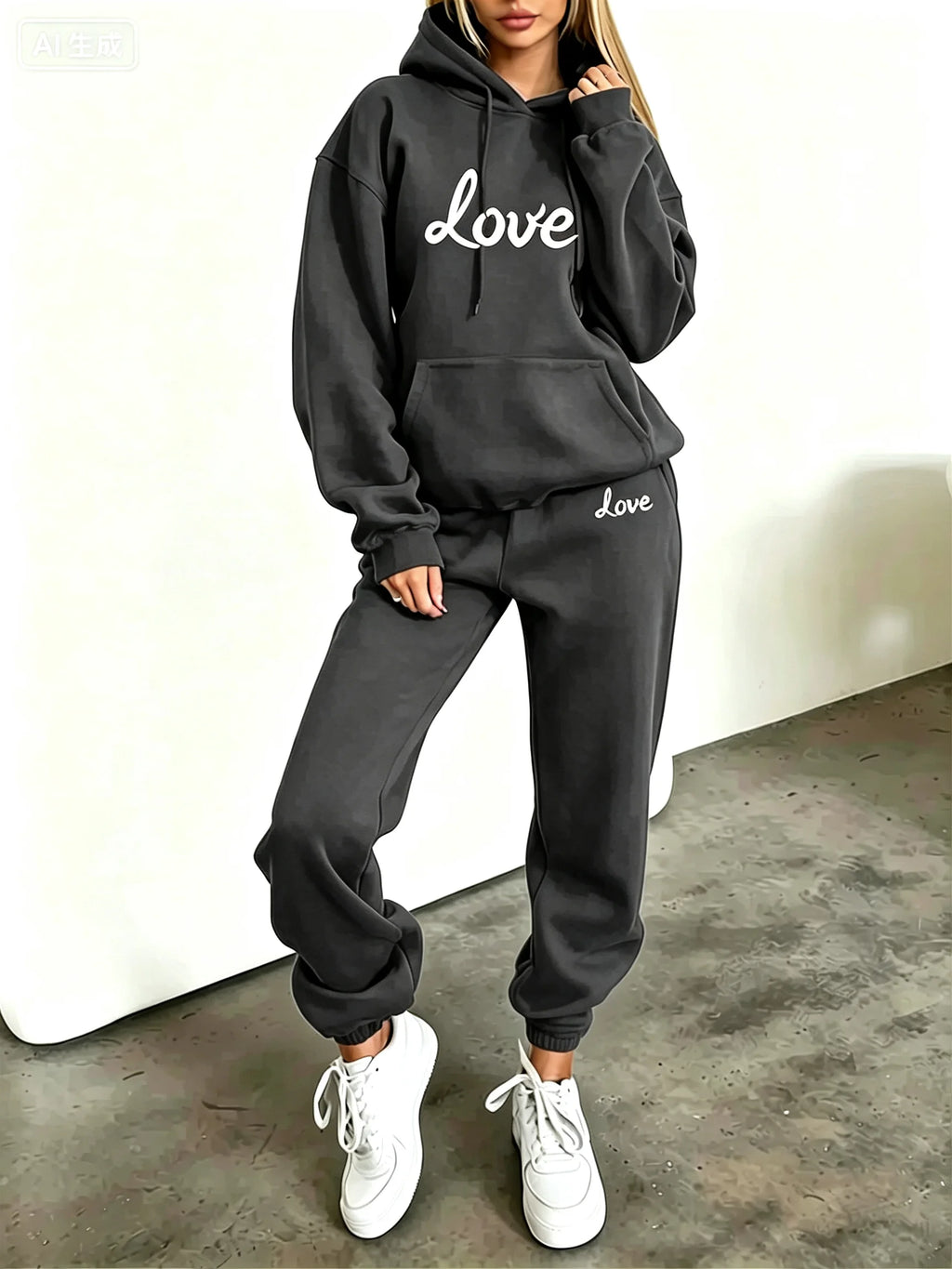 Women Heart Print Hoodie Tracksuit 2 Piece Set Autumn Winter Hooded