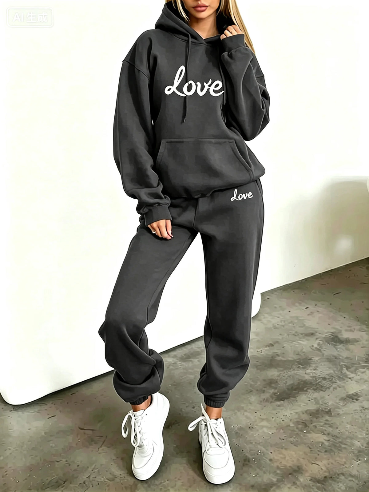 Women Heart Print Hoodie Tracksuit 2 Piece Set Autumn Winter Hooded