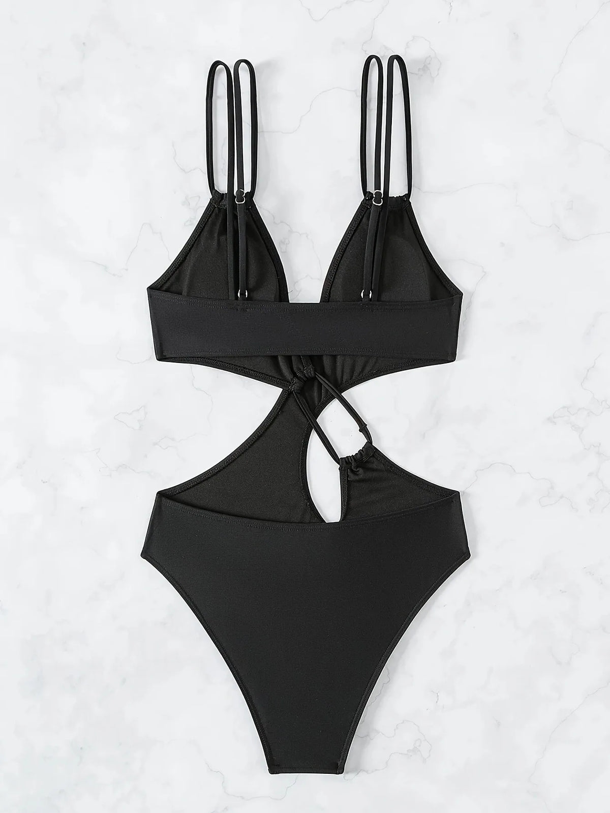 Woman Tankini Bathing Suit Black Monokini Deep V Neck Hollow Out