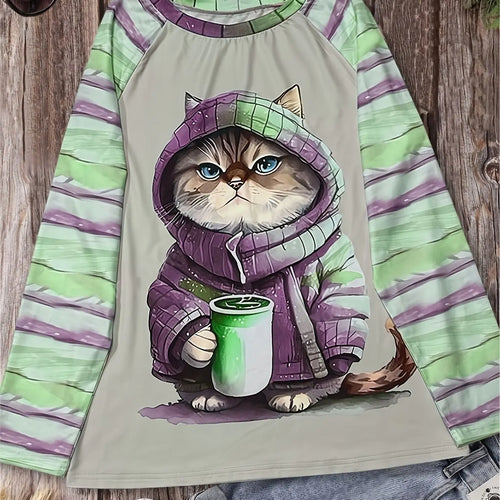 Women's Coffee Cat Print Top White Pink Grey Stripe Sleeve Cute Long