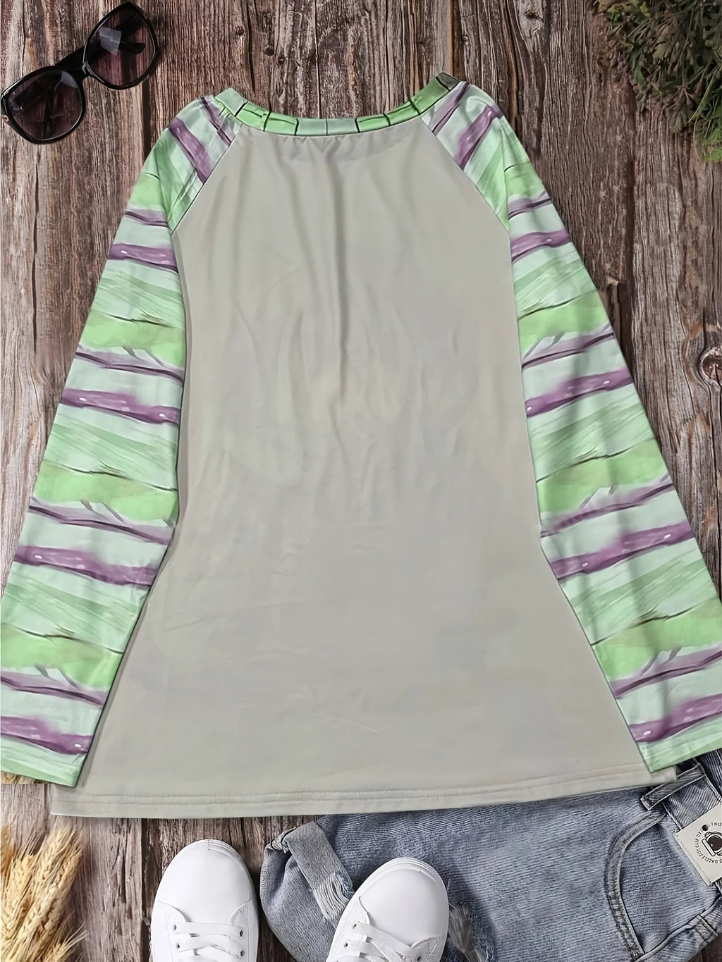 Women's Coffee Cat Print Top White Pink Grey Stripe Sleeve Cute Long