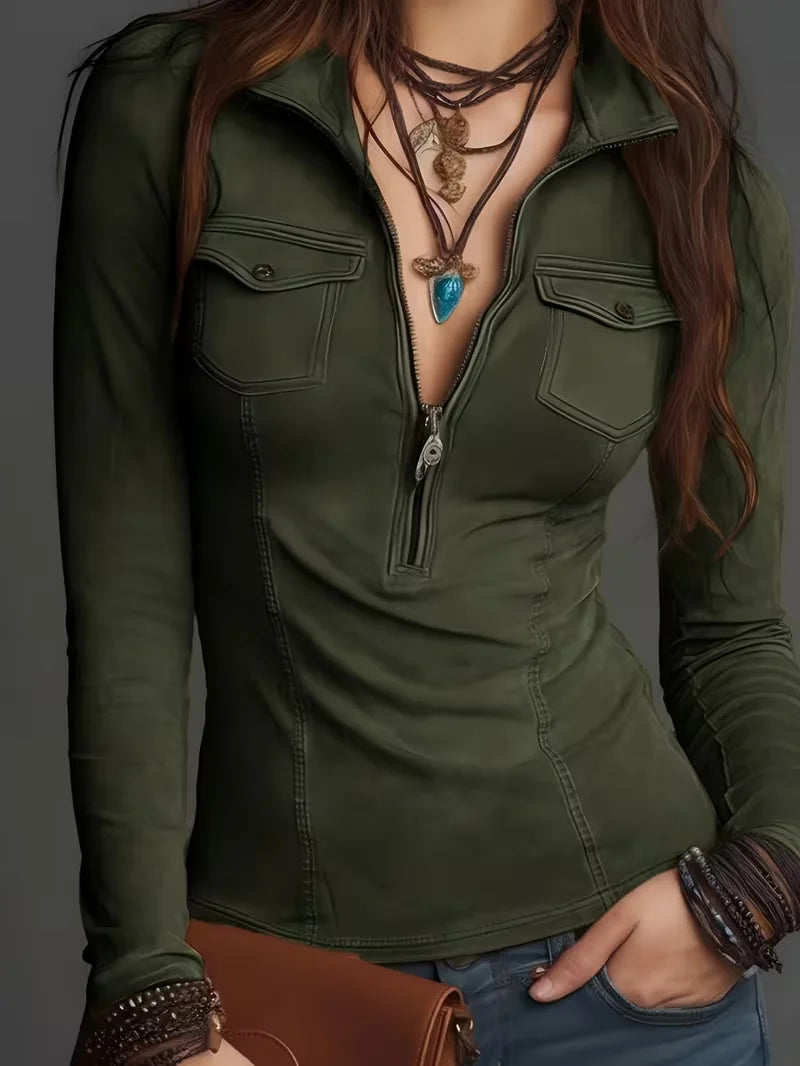 Women's Slim Fit Lapel Shirt, Multi-Color Zipper Closure, Cargo