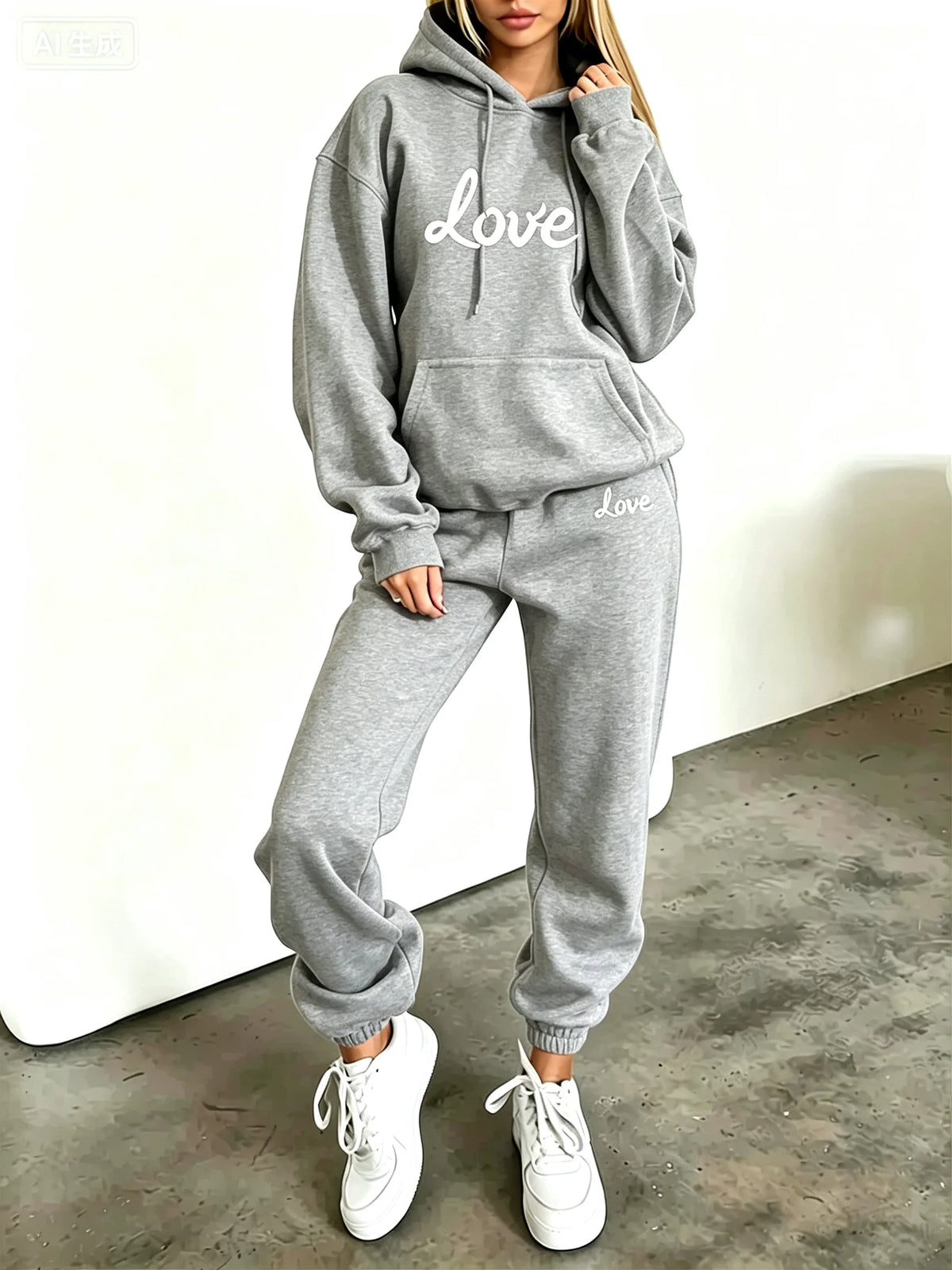 Women Heart Print Hoodie Tracksuit 2 Piece Set Autumn Winter Hooded