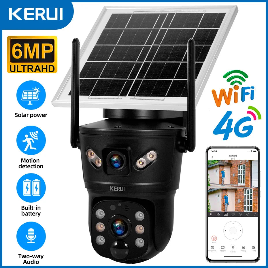 KERUI Outdoor Waterproof 6MP 4G SIM WIFI Solar Camera Dual Lens Camera