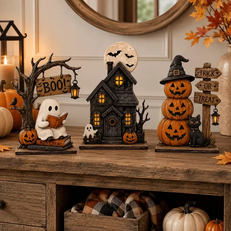 3pcs Halloween Wooden Decor Set, Vintage Autumn Shelf Decorations,