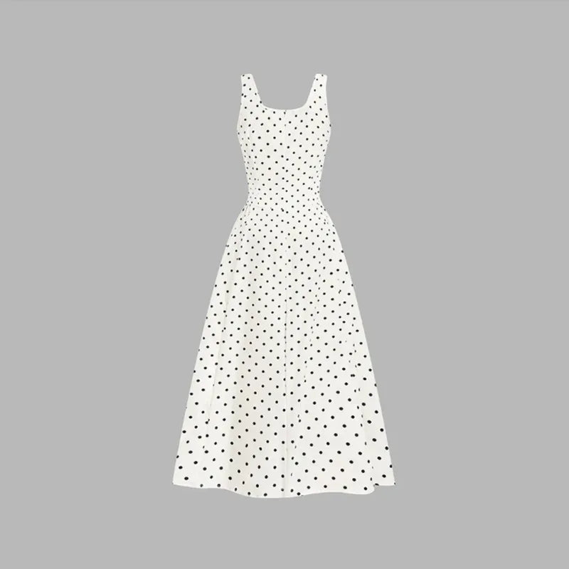 Sleeveless Polka Dot Dress Long Dress French Suspender Dress