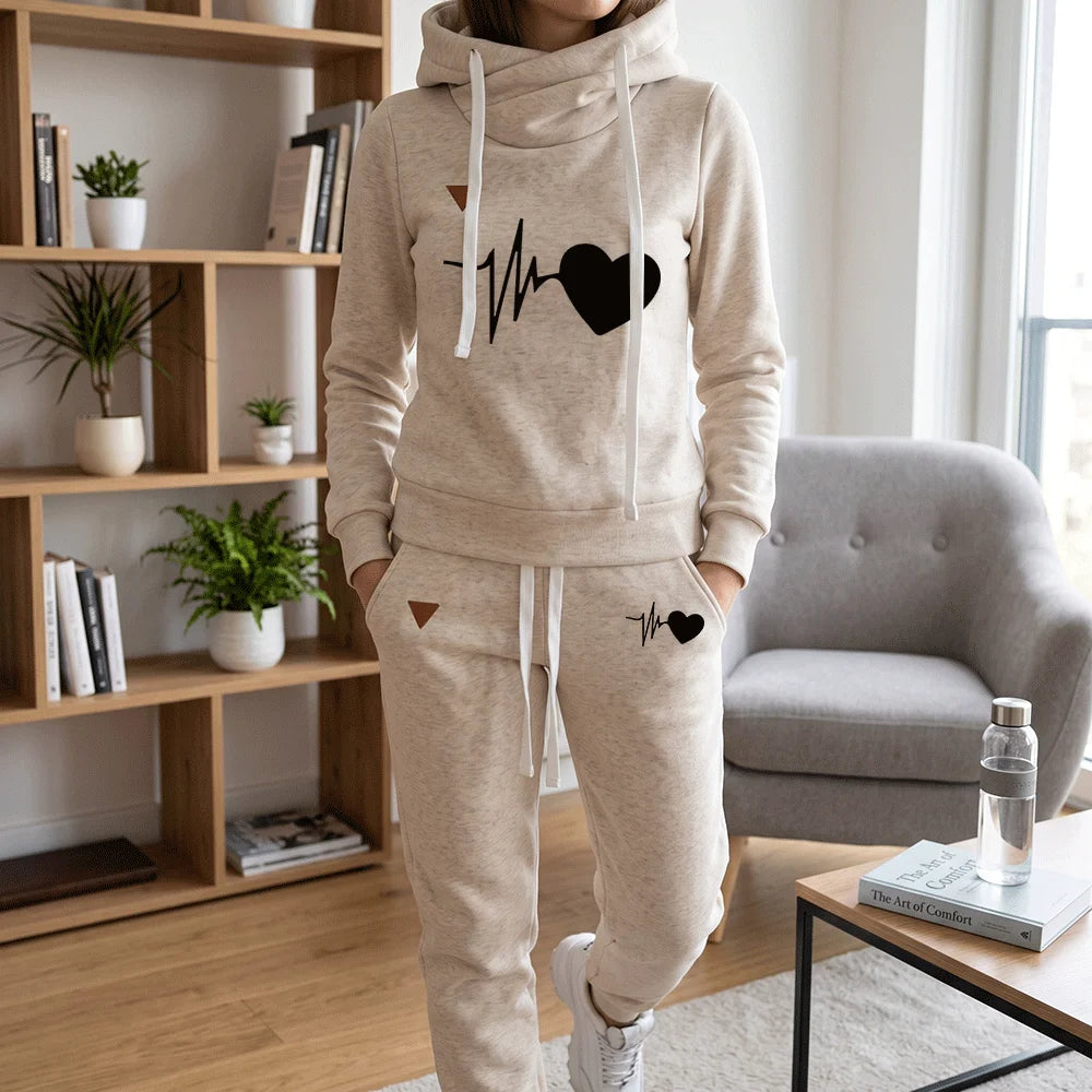 Winter Warm 2 Piece Set Women Fleece Tracksuit Heart Print Pullover