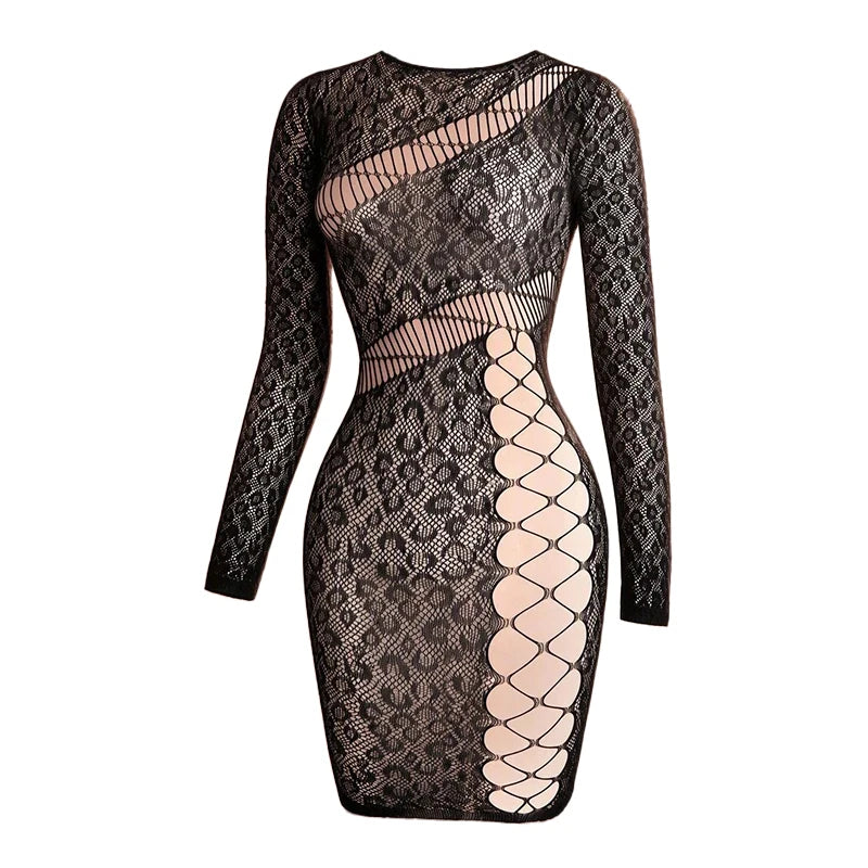 Hollow Out Fishnet Beach Cover Up Bodycon Dress, Sheer Mesh Festival