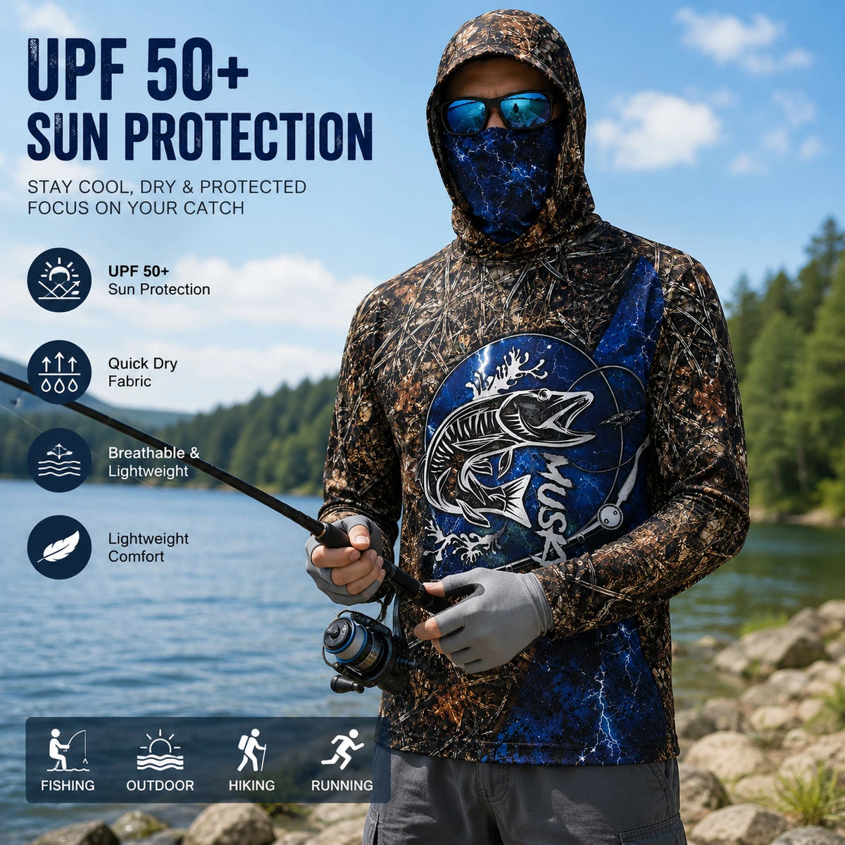 Camisa de Pesca con Capucha de Manga Larga para Hombre, Protección UV