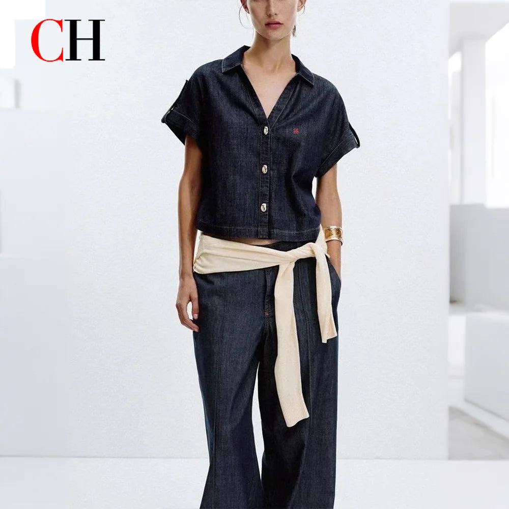 CH Dark Blue Denim Suit Loose Button-Down Denim Shirt High-Waisted