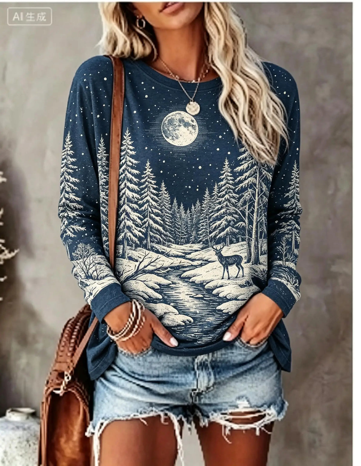 Women Christmas Long Sleeve T‑Shirt Snowman Puppy Tree Gift Snowflake